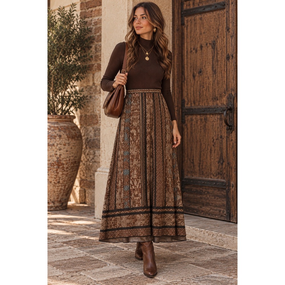 Peruvian Connection Brown Pima Cotton Tribal Print Pleated Maxi Skirt Size 6